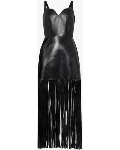 Alexander McQueen Sweetheart-neck Fringed-hem Leather Mini Dress - Black