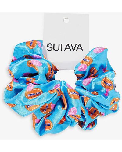 SUI AVA Charter Ruched-texture Satin Scrunchie - Blue