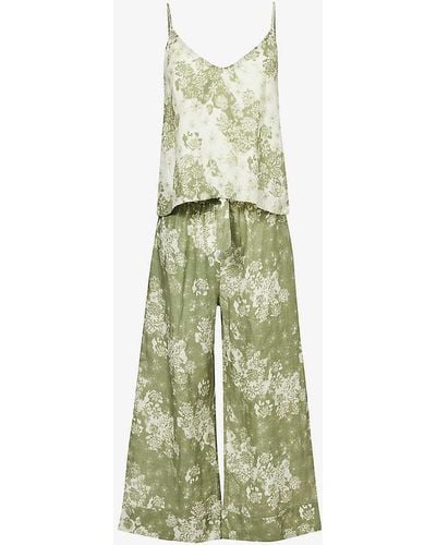 Desmond & Dempsey Floral-print Wide-leg Linen Pyjama Set - Green