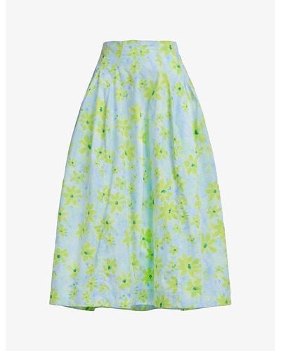 Marni Floral-print Flared-hem Cotton Midi Skirt - Green
