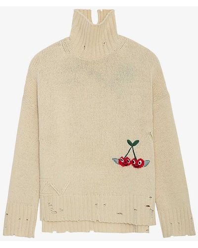 Zadig & Voltaire Bleeza Cherry-embroidered Relaxed-fit Wool Jumper - White