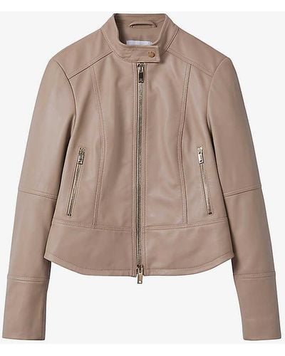 Reiss Lola Stand-collar Leather Biker Jacket - Natural