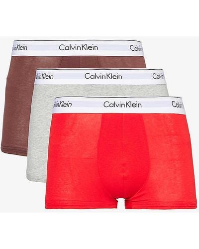 Calvin Klein Branded-waistband Mid-rise Pack Of Three Stretch-cotton Trunks - Red