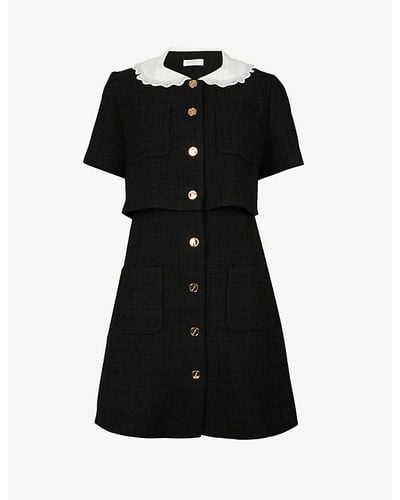 Sandro Peter Pan-collar Organic Cotton-blend Tweed Mini Dress - Black