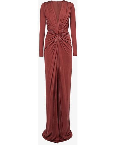 Costarellos Brienne V-neck Silk-blend Woven Gown - Red