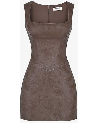 House Of Cb Pandora Square-neck Faux-leather Mini Dress - Brown