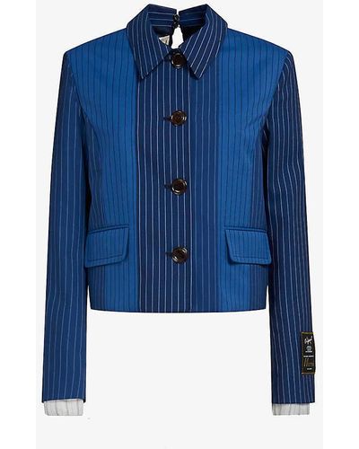 Marni Stripe-pattern Brand-patch Regular-fit Wool Jacket - Blue