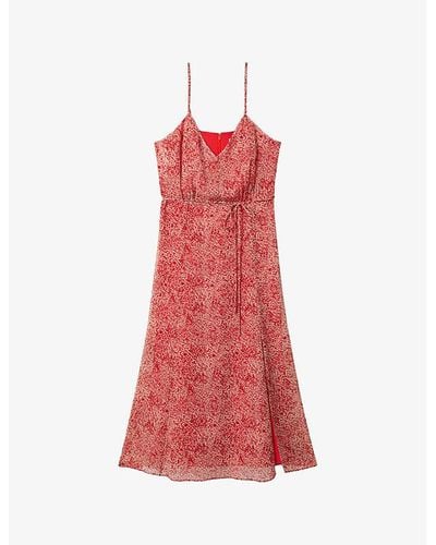 Reiss Olivia Floral-print V-neck Woven Midi Dress - Red