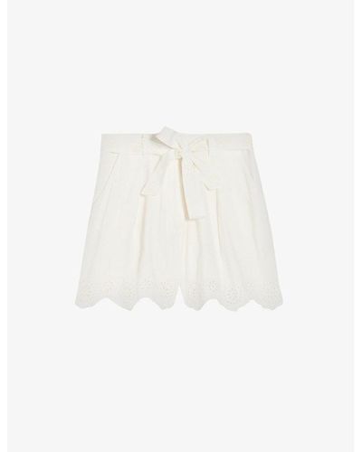 Claudie Pierlot Scalloped-trim Belted-waist Linen-blend Shorts - White