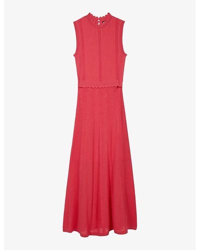 The Kooples Scalloped-neck Slim-fit Knitted Maxi Dress - Red