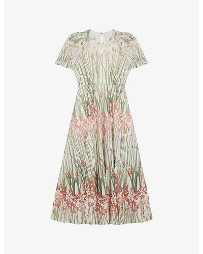 Ted Baker Ruched-sleeve Floral-print Woven Midi Dress - Natural