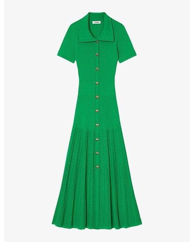 Sandro Button-embellished Ribbed Stretch-knit Maxi Dress - Green