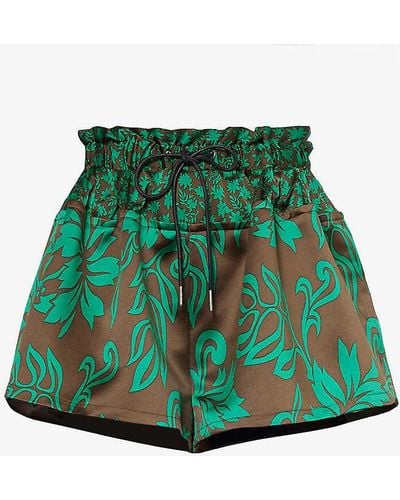 Sacai Floral-print Elasticated-waistband Woven Shorts - Green