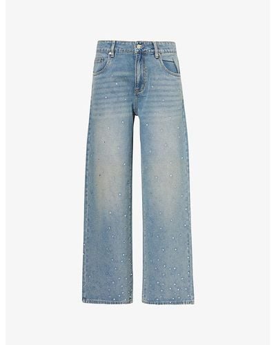 House Of Sunny Crystal-embellished Wide-leg Mid-rise Denim-blend Jeans - Blue