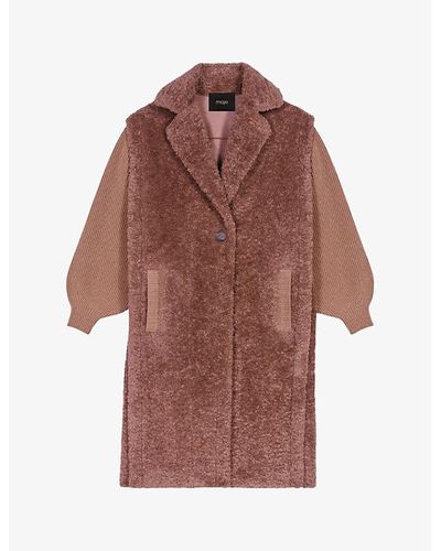 Maje Ribbed-sleeves And Curly Faux-fur Coat - Brown