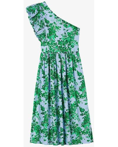 LK Bennett Maud Garden-print One-shoulder Cotton Midi Dress - Green