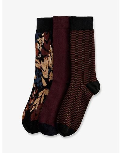 Ted Baker Burgpak -pattern Stretch-cotton Socks Pack Of Three - Brown
