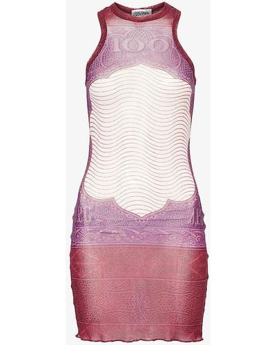 Jean Paul Gaultier Cartouche Abstract-pattern Sheer Mesh Mini Dress - Pink