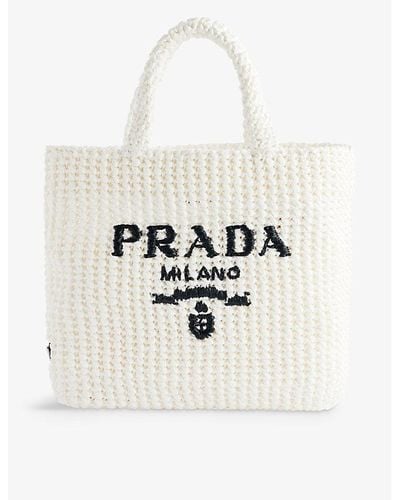 Prada Logo Small Straw Tote Bag - White