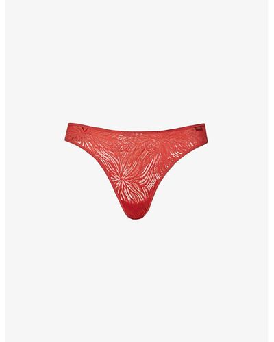 Calvin Klein Sheer Marquisette Floral-pattern Mid-rise Stretch-lace Thong X - Red