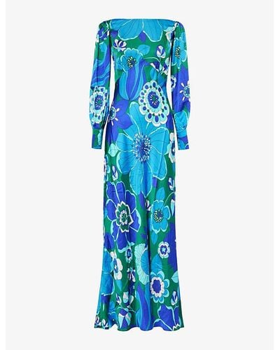 RIXO London Marni Floral-print Satin Maxi Dress - Blue