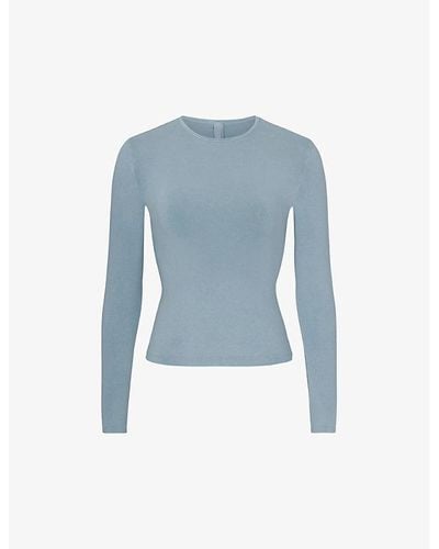 Skims New Vintage Long-sleeve Cropped Stretch-cotton T-shirt X - Blue
