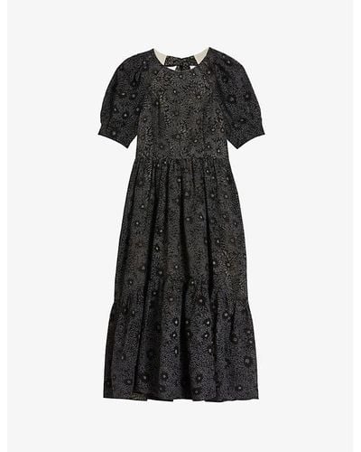 Ted Baker Meganie Puff-sleeve Floral-print Woven-blend Midi Dress - Black