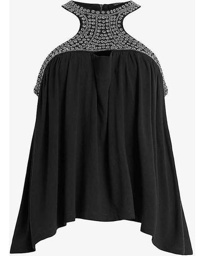 AllSaints Arizona Embellished-neck Relaxed-fit Stretch-jersey Top - Black