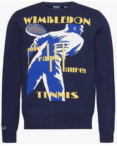 Polo Ralph Lauren X Wimbledon Brand-embroidered Dropped-shoulder Cashmere And Cotton-blend Jumper X - Blue
