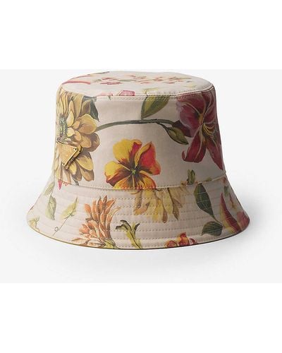 Prada Brand-plaque Floral-print Reversible Cotton Bucket Hat Xx - Natural
