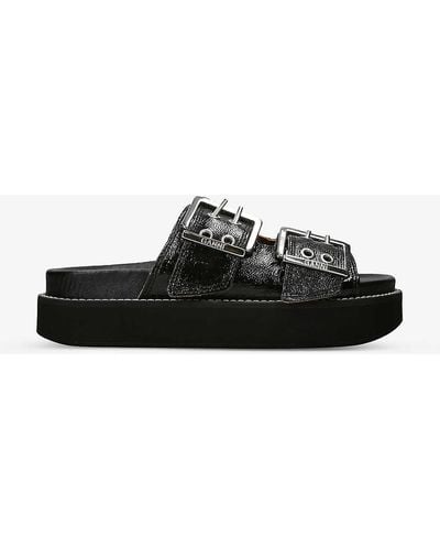 Ganni Buckle-embellished Double-strap Leather Sandals - Black