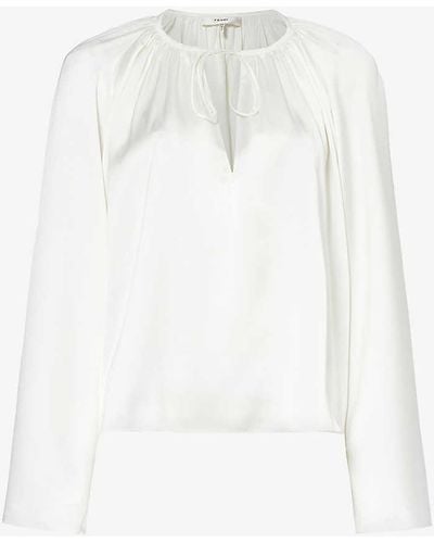 FRAME V-neck Relaxed-fit Pleated Woven Blouse - White