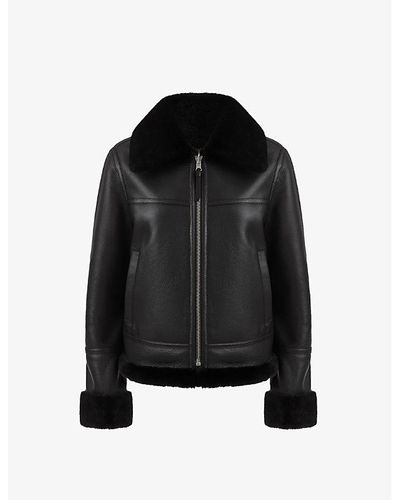 Reiss Melody Zip-up Reversible Shearling And Leather Jacket - Black
