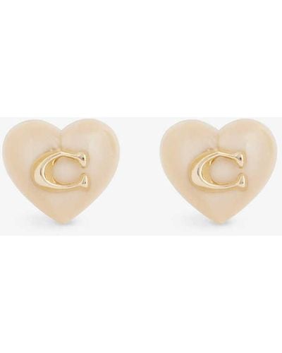 COACH Signa Heart Brass And Plastic Stud Earrings - Natural