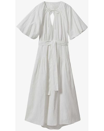 Reiss Alice Puff-sleeve Belted-waist Linen And Cotton-blend Midi Dress - White