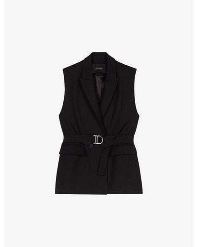 Maje Belted-waist Double-breasted Sleeveless Stretch-woven Blazer - Black