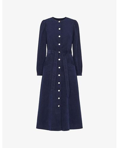 Whistles Vy Angelica Belted Cotton Corduroy Midi Dress - Blue