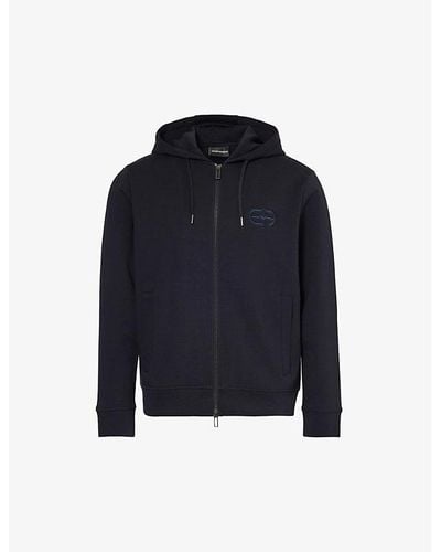 Emporio Armani Logo-embroidered Relaxed-fit Stretch-cotton Hoody - Blue