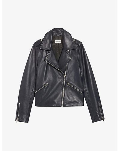 Claudie Pierlot Slim-fit Zip-pocket Leather Biker Jacket - Blue