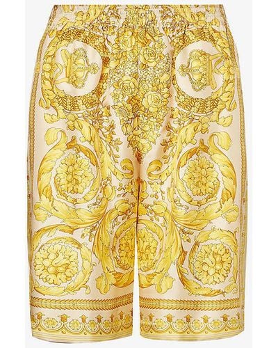 Versace Baroque Graphic-print Silk Shorts - Yellow