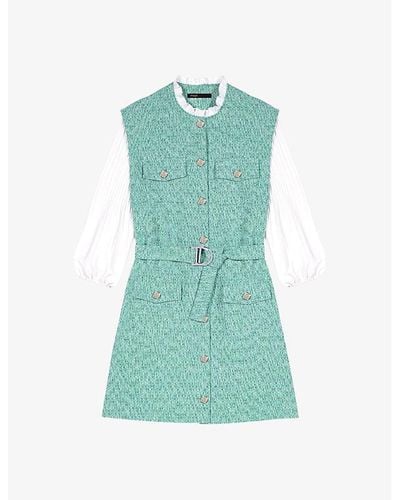 Maje Contrast-sleeve Belted-waist Tweed Cotton Mini Dress - Green