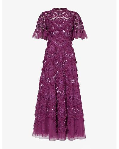 Needle & Thread Carmen Ruffle-trim Recycled Polyester Maxi Dress - Purple