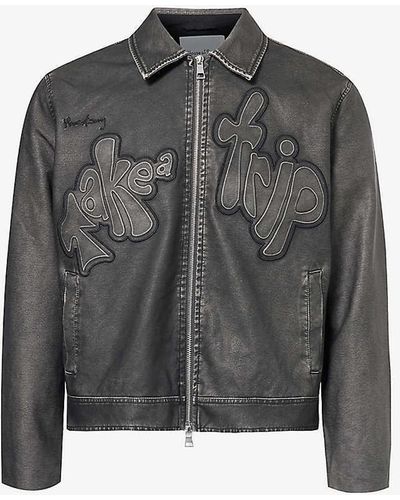 House Of Sunny Take A Trip Brand-embroidered Faux-leather Jacket - Grey