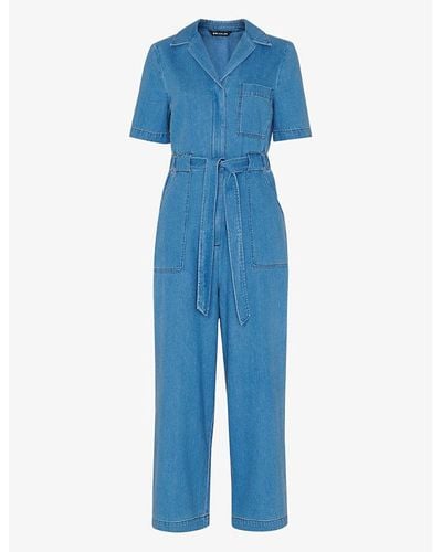 Whistles Ciara Open-collar Elasticated-back Cotton Jumpsuit - Blue