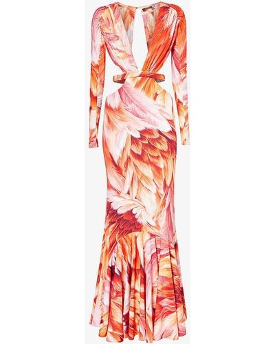 Roberto Cavalli Floral-print Long-sleeve Stretch-woven Maxi Dress - Red