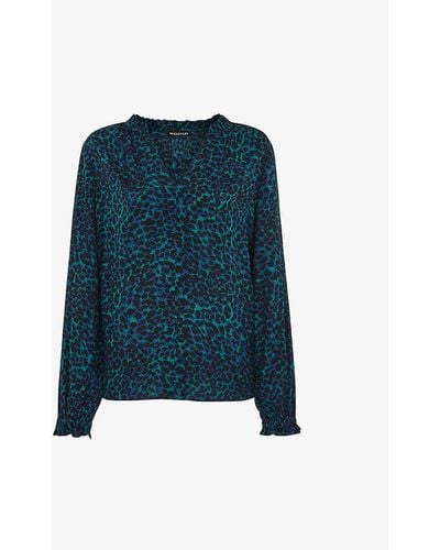 Whistles Leopard-print Pleated-detail Woven Blouse - Blue