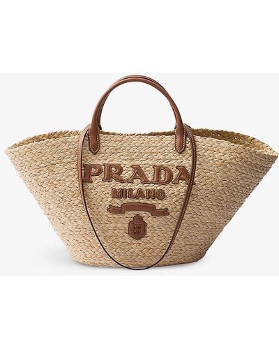 Prada Logo-embossed Large Raffia And Leather Tote - Natural