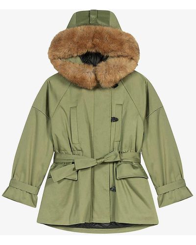 Maje Removable Faux-fur Hood And Waistband Stretch-cotton Coat - Green
