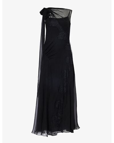Alberta Ferretti Sleeveless Lace-trim Silk Maxi Dress - Black