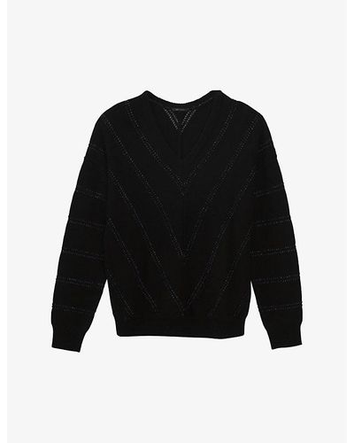 IKKS Wool Striped V-neck Knitted Sweater, Size: - Black